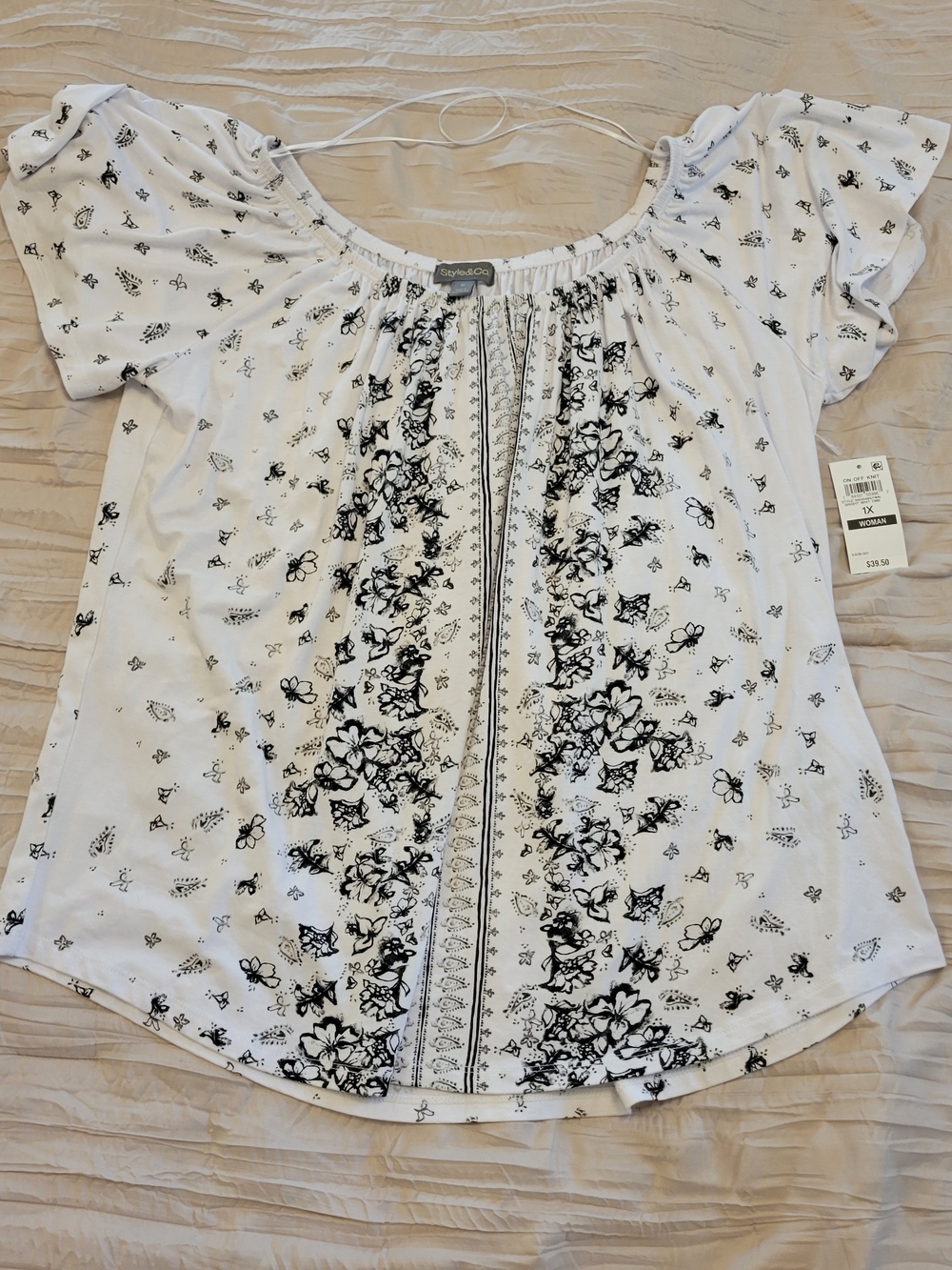 Style & Co. White Floral Peasant Blouse with Black Print